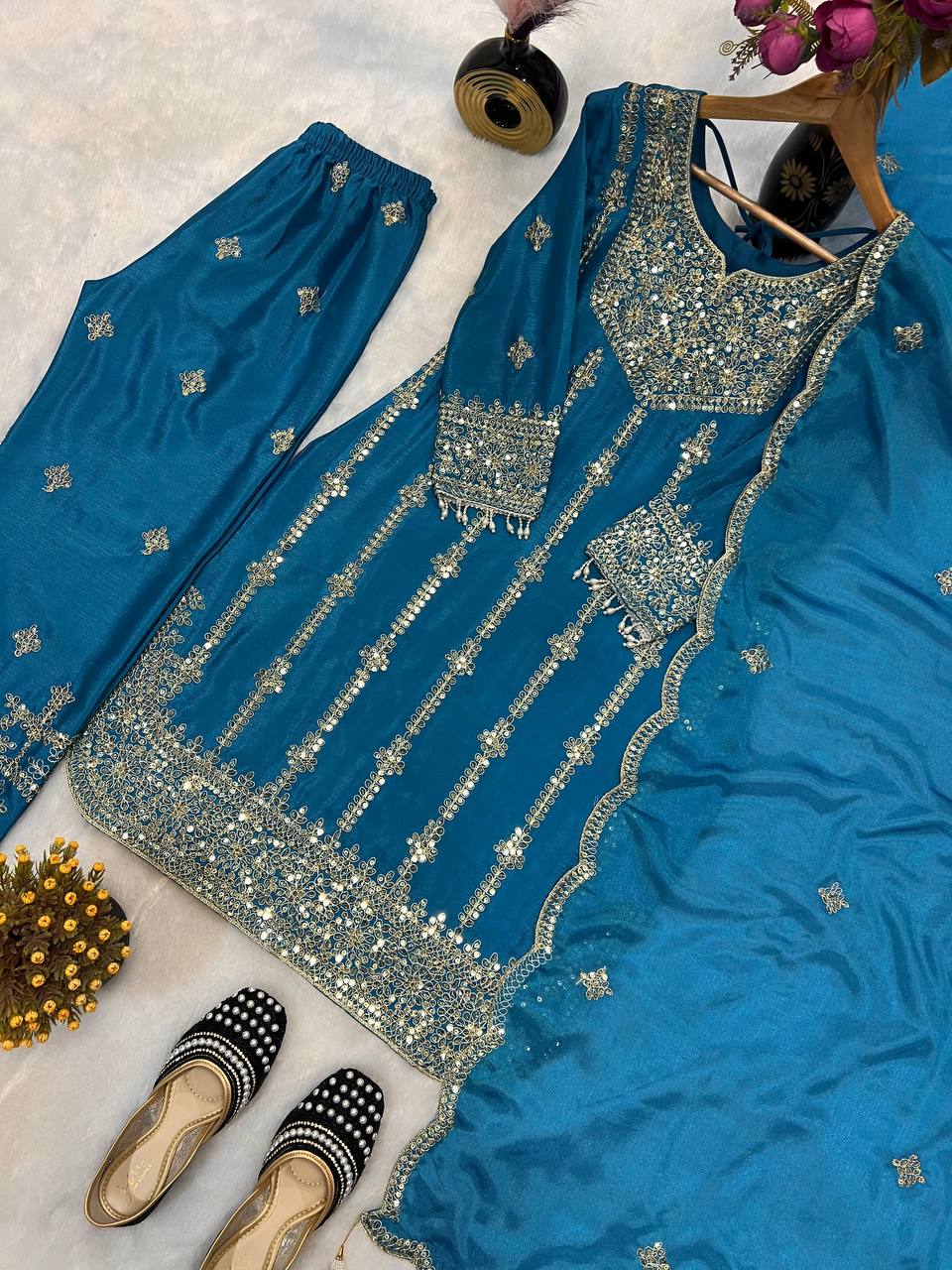 Royal Cerulean Silver-Embroidered Sharara Set